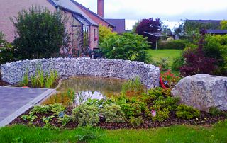 jardin avec étang naturel entouré d'une clôture en gabions