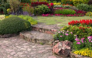 Escalier dans un jardin avec des fleurs et arbustes